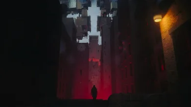 A lone figure stands in a dark city street beneath suspended buildings and red light.