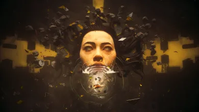 A character in Control Resonant faces forward as debris and fragments float around their head