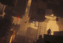 A silhouetted figure stands amid floating and inverted Manhattan buildings in Control Resonant.