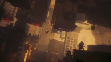A silhouetted figure stands amid floating and inverted Manhattan buildings in Control Resonant.