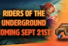 Core Keeper announcement artwork for the Riders of the Underground update shows a rider, a pixel-art mount, and the September 21 release date.