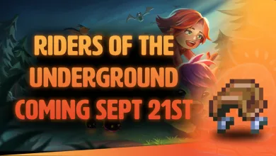 Core Keeper announcement artwork for the Riders of the Underground update shows a rider, a pixel-art mount, and the September 21 release date.