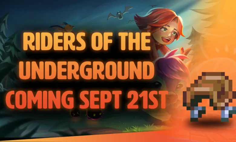 Core Keeper announcement artwork for the Riders of the Underground update shows a rider, a pixel-art mount, and the September 21 release date.