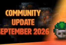 A green pixel-art creature appears over a dark cavern scene beside the September 2026 community update title.