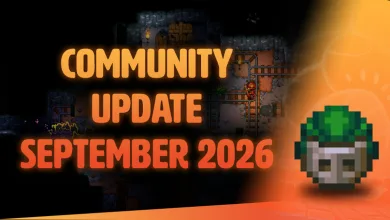 A green pixel-art creature appears over a dark cavern scene beside the September 2026 community update title.