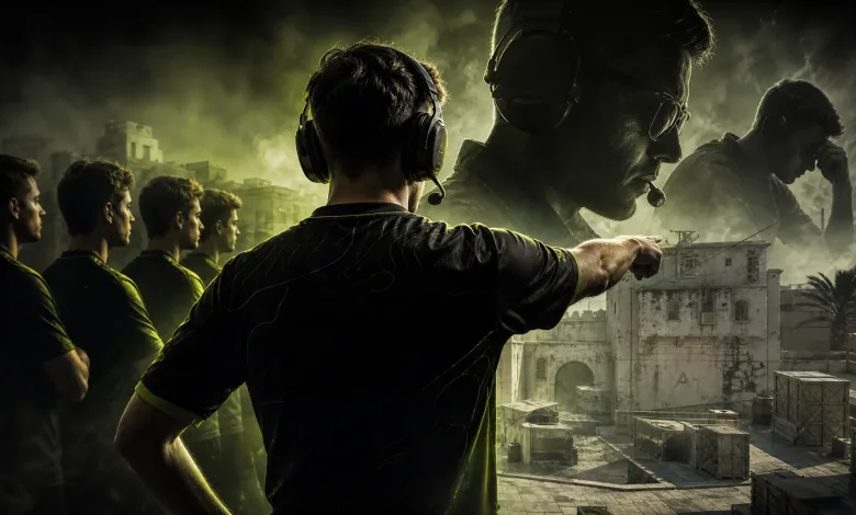 A headset-wearing Counter-Strike 2 team leader points toward a bombsite while teammates look on.