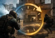 Tactical soldiers move through a ruined urban combat area beneath a large circular countdown graphic.