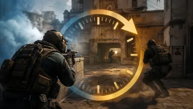 Tactical soldiers move through a ruined urban combat area beneath a large circular countdown graphic.