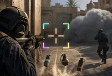 A tactical shooter scene shows a soldier aiming through smoke with a colorful quadrant-style crosshair and grenades in the foreground.