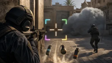 A tactical shooter scene shows a soldier aiming through smoke with a colorful quadrant-style crosshair and grenades in the foreground.