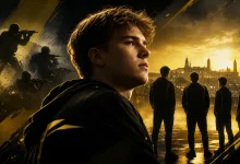 Young esports player in a black-and-yellow jersey with silhouetted teammates and tactical shooter imagery against a sunset city skyline