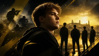 Young esports player in a black-and-yellow jersey with silhouetted teammates and tactical shooter imagery against a sunset city skyline