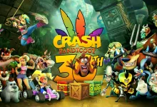 Crash Bandicoot characters surround a colorful 30th-anniversary logo in a jungle scene.