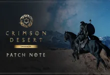 A mounted character rides across a dark landscape beneath the Crimson Desert and Patch Note titles.