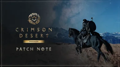 A mounted character rides across a dark landscape beneath the Crimson Desert and Patch Note titles.