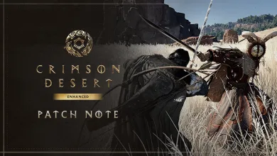Crimson Desert patch note artwork showing two characters fighting in a field
