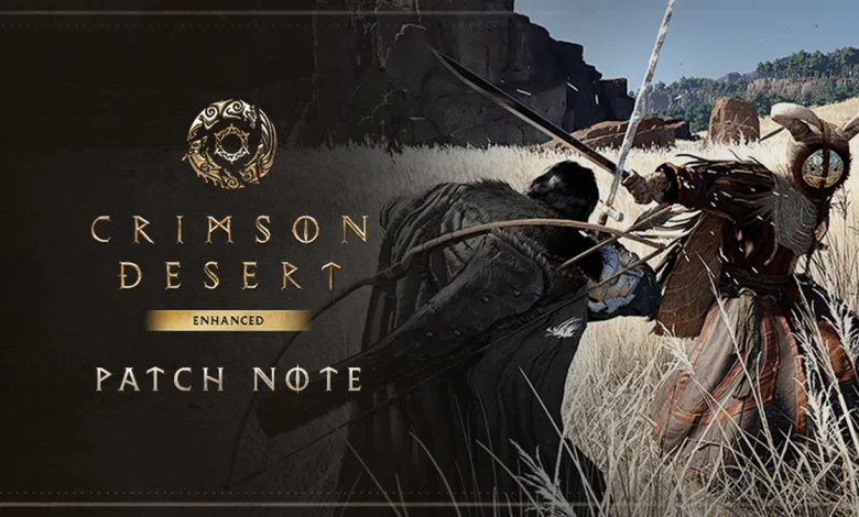 Crimson Desert patch note artwork showing two characters fighting in a field