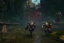 Two armored Nephilim run through a dark overgrown area in Crimson Moon