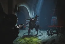 The Warden aims a weapon at a creature in a dark interior in Cronos: Lazarus
