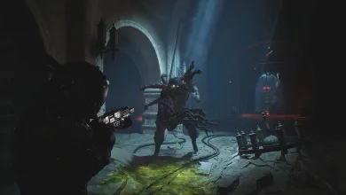 The Warden aims a weapon at a creature in a dark interior in Cronos: Lazarus