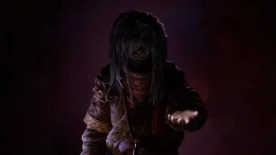A shadowed character from Daba: Land of Water Scar reaches forward in a dark, purple-lit setting