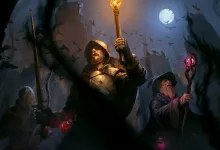 Dark and Darker adventurers carry a torch, sword, and staff beneath a full moon.