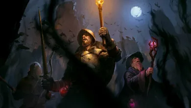 Dark and Darker adventurers carry a torch, sword, and staff beneath a full moon.