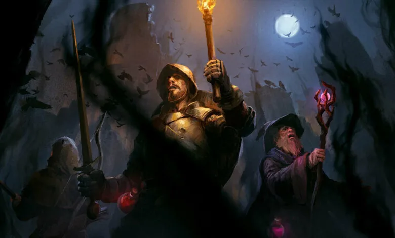 Dark and Darker adventurers carry a torch, sword, and staff beneath a full moon.