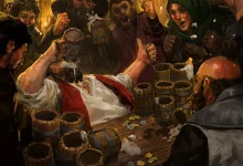 Dark and Darker adventurers raise mugs and celebrate around a tavern table during Tavern Volksfest