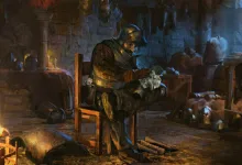 An armored Dark and Darker adventurer sits beside a fire in a dim dungeon room.
