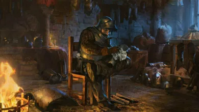 An armored Dark and Darker adventurer sits beside a fire in a dim dungeon room.