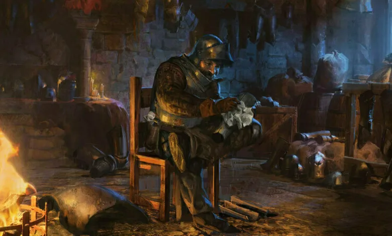 An armored Dark and Darker adventurer sits beside a fire in a dim dungeon room.