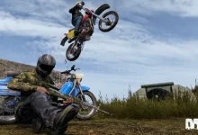 A DayZ survivor sits beside a blue moped while another rider jumps a red motorbike outdoors.
