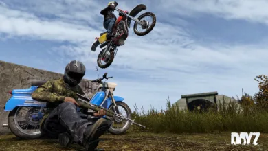 A DayZ survivor sits beside a blue moped while another rider jumps a red motorbike outdoors.