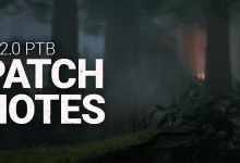 A dark forest scene with large white text reading “10.2.0 PTB Patch Notes.”