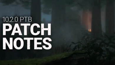 A dark forest scene with large white text reading “10.2.0 PTB Patch Notes.”