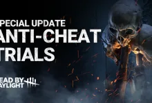 Dead by Daylight anti-cheat trial graphic showing a skull-like figure beside the Anti-Cheat Trials announcement text