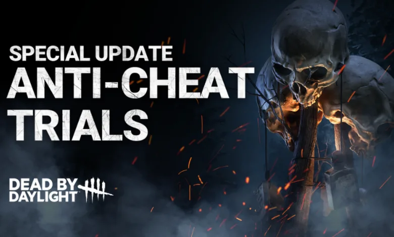 Dead by Daylight anti-cheat trial graphic showing a skull-like figure beside the Anti-Cheat Trials announcement text
