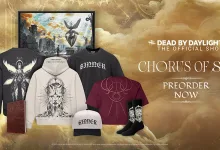 Dead by Daylight Chorus of Sin hoodies, shirts, cap, socks, and other merchandise displayed against themed artwork