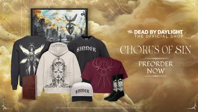 Dead by Daylight Chorus of Sin hoodies, shirts, cap, socks, and other merchandise displayed against themed artwork