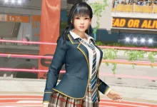 Minato stands in her school uniform inside a Dead or Alive 6 Last Round arena