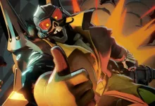 Masked Deadlock character in an orange and black outfit against a fiery backdrop
