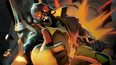 Masked Deadlock character in an orange and black outfit against a fiery backdrop