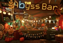 The Deep Rock Galactic Abyss Bar decorated with autumn leaves, pumpkins, string lights, and bunting for Rocktoberfest.