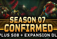 Three Deep Rock Galactic miners stand in an alien cavern beneath text announcing Season 07, Season 08, and an expansion DLC.