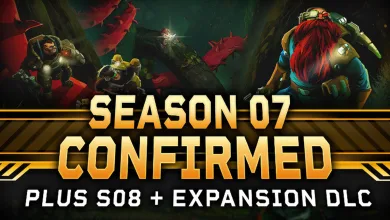 Three Deep Rock Galactic miners stand in an alien cavern beneath text announcing Season 07, Season 08, and an expansion DLC.