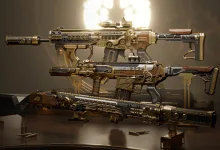 Three ornate Delta Force firearms displayed as weapon appearances for the Bastet lucky draw.