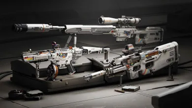 Several futuristic Delta Force firearms arranged on display against a dark background.