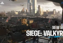 A futuristic cityscape from Delta Force's Siege: Valkyrie map