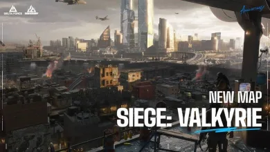 A futuristic cityscape from Delta Force's Siege: Valkyrie map